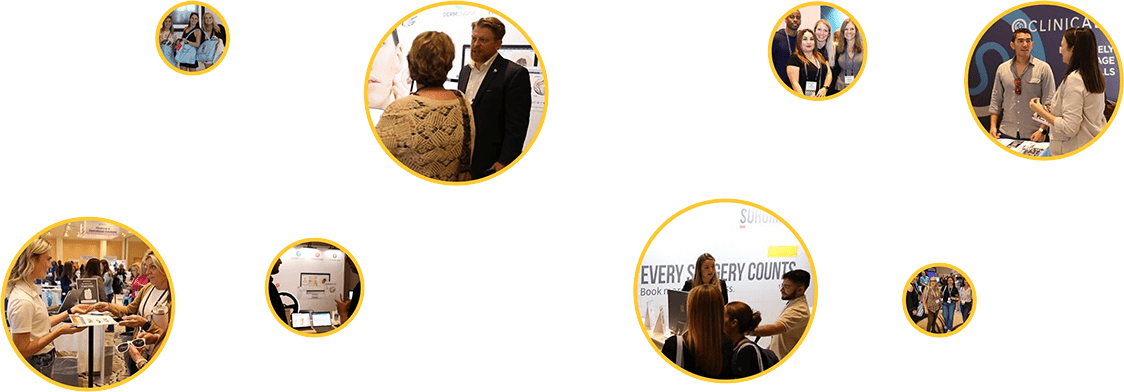 Compilation of conference photos in yellow-rimmed circles