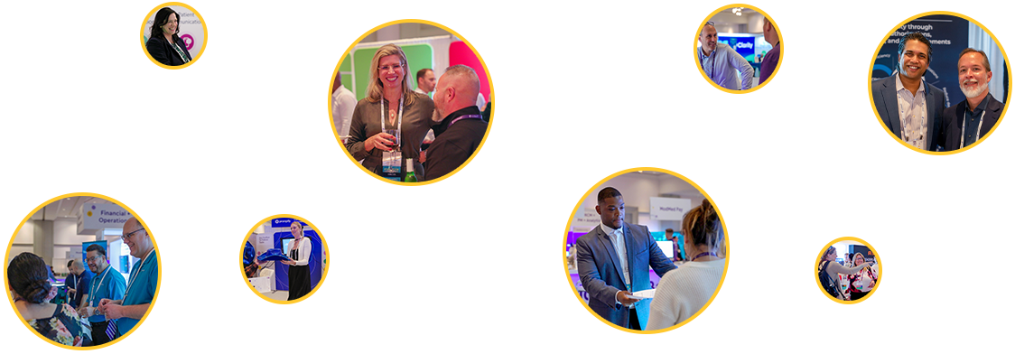 Compilation of conference photos in yellow-rimmed circles